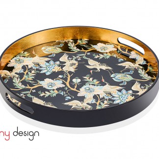 Black round lacquer tray with white crane pattern D40*4.5 cm